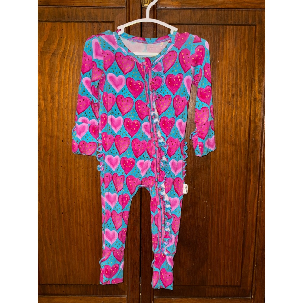 Gigi and Max Bamboo Viscose Heart Ruffle Romper Teal Pink 3-6M Sleeper Zip Up